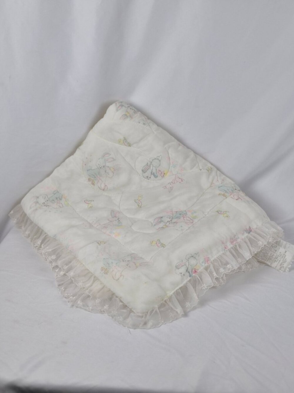 Vintage Sears Satin Quilted Baby Comforter Blanket Sheer Lace Trim Bunny Graphic
